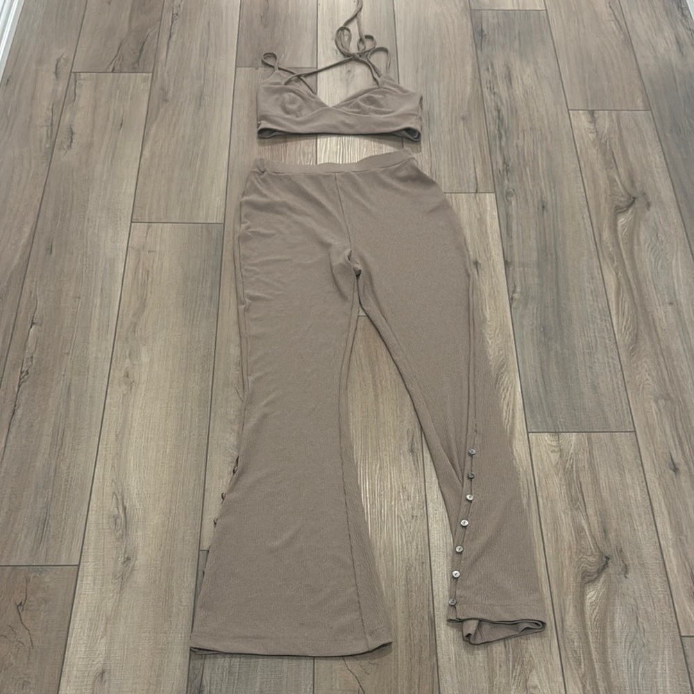 LPA Brown Strappy Top and Flared Pants Set